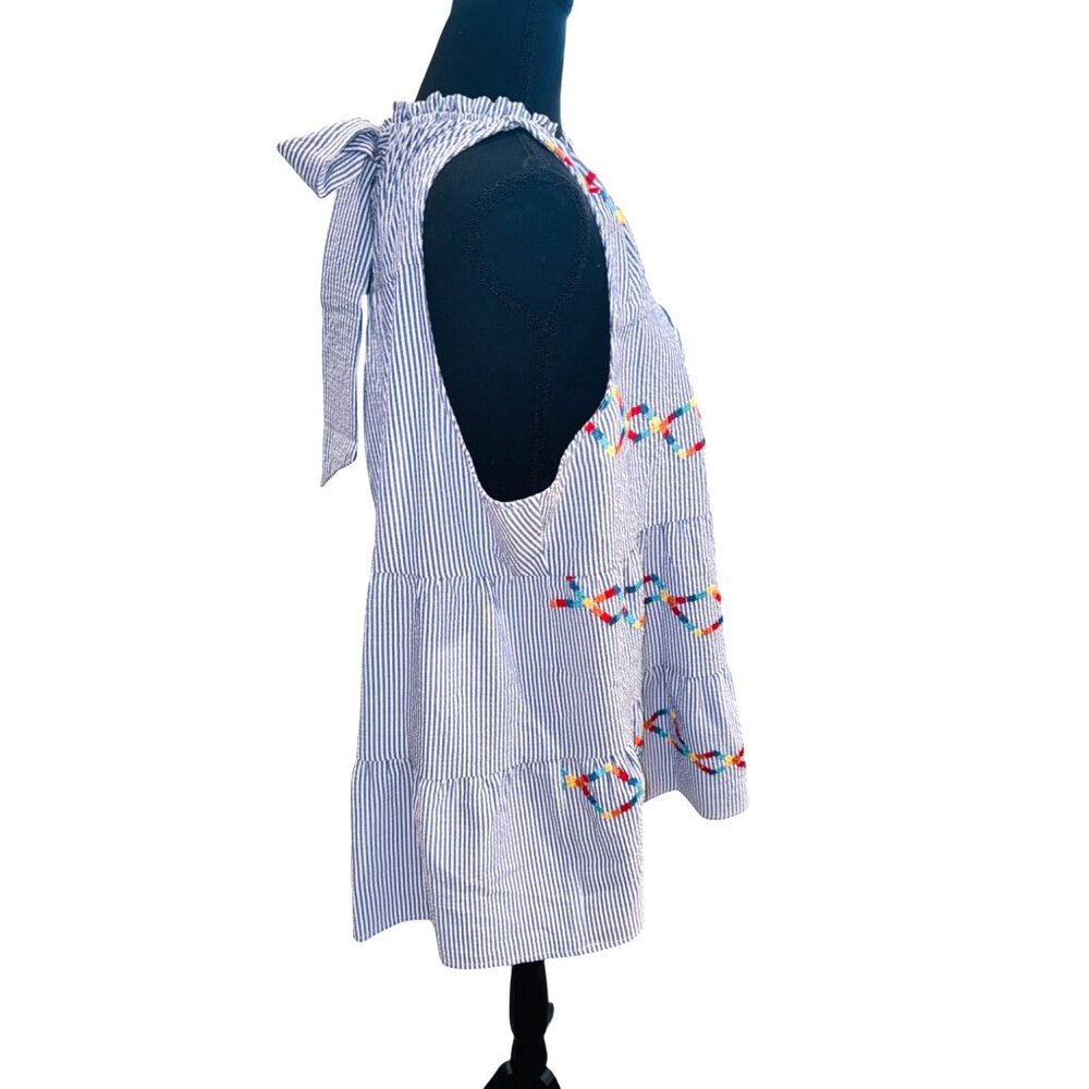 Savanna Jane Blue White Striped Sleeveless Top Embroidery Bow 1X Beach Resort - Picture 4 of 8
